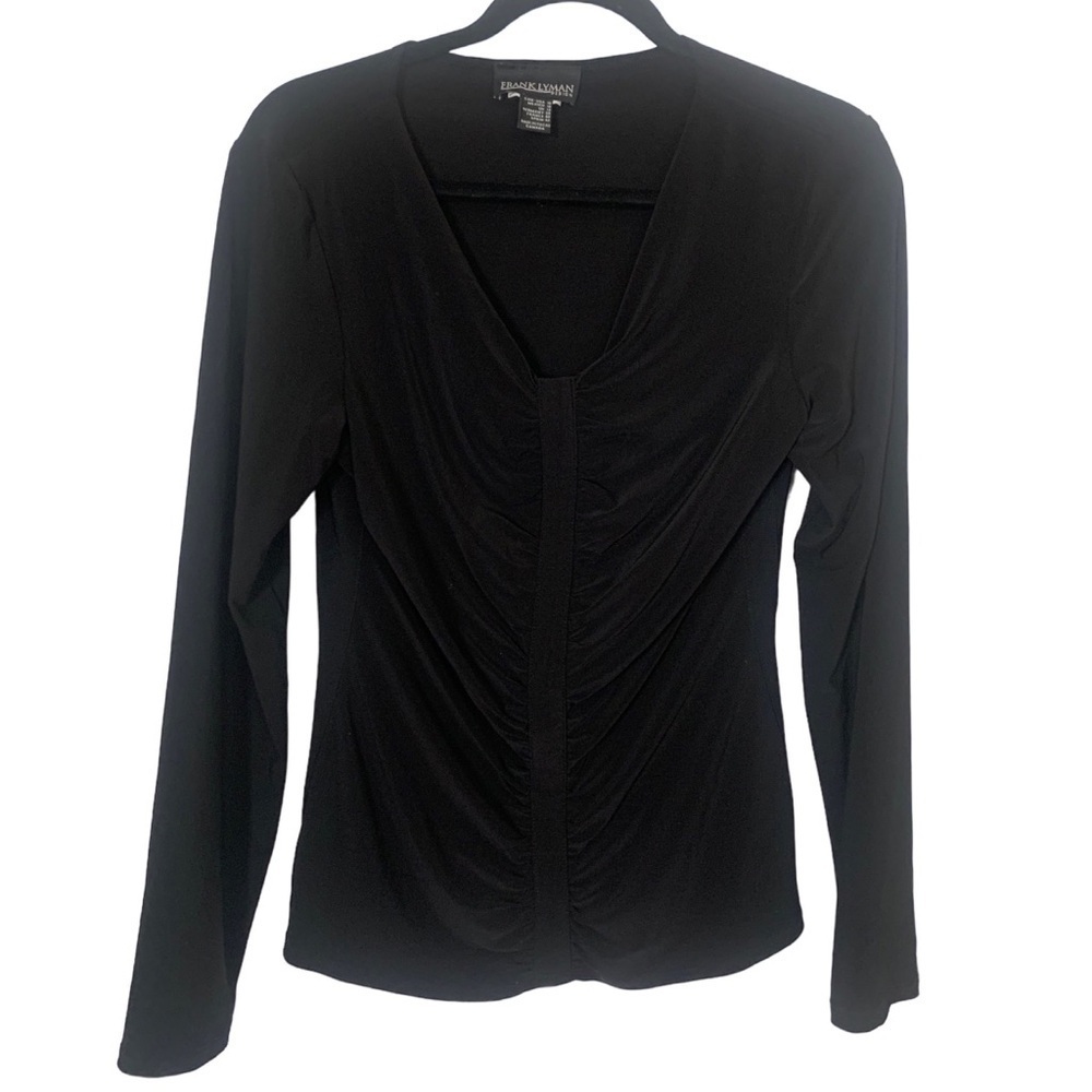 Frank Lyman Designs Black Deep V Neck Ruched Front Long Sleeve atop Size 10